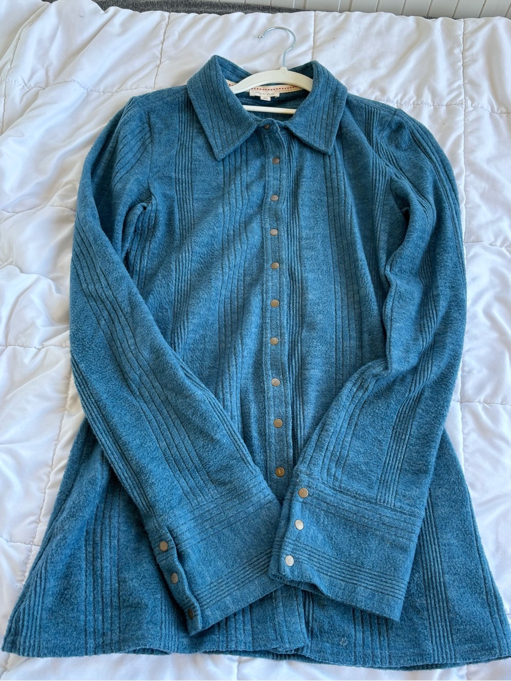 Anthropologie Pilcro Brushed Knit Snap Front Shirt Teal Blue Pintuck XS